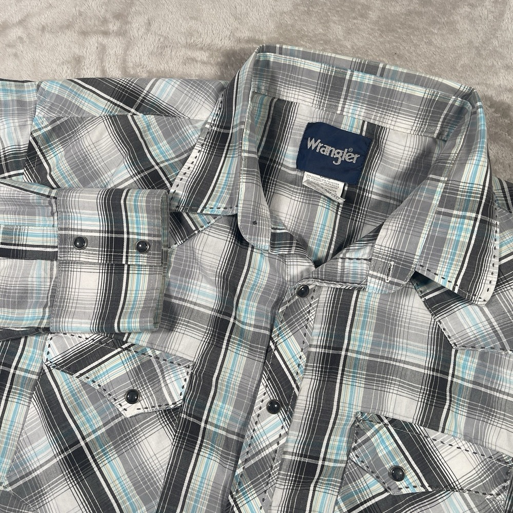 Wrangler Western Stitchedโ Spade Pearl Snap Plaid Shirt Blue Gray Plaid Men's L